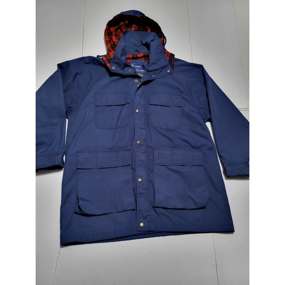 (#C) Vintage English Squire Mens Large  Blue Flannel Lined Parka Coat Full Zip